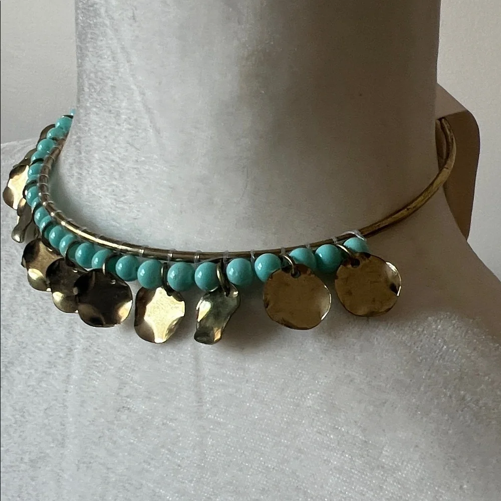 NKN Nekane Joyce Blue Beaded Gold Disc Distressed Choker Necklace NWT Reg. $89 - Picture 3 of 9